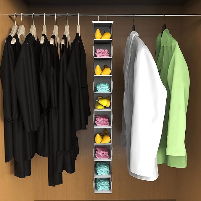 Libeder 10-Shelf Hanging Shoe Organizers with Side Pockets, White | Hanging Closet Organizer with Side Pockets for Wardrode,Dorm, Folding Shoe Racks, Space Saving Hanging Shelves with Hooks