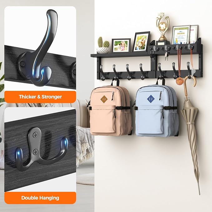 Evermagin 29" Coat Rack Wall Mount with Shelf & 11 Hooks, Entryway, Black | 4-in-1: coat hooks, key hanger, mail holder & display shelf. Pine wood. For bedroom, hallway, mudroom, livingroom