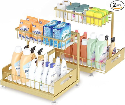 Saydear 2-Pack L-Shaped Under Sink Organizer, 2-Tier Pull-out Cabinet Rack | Gold Height-Adjustable Steel Rack, Sliding Grid Drawers with PP Liners, Holds 100 Lbs, Suction Base, Ideal Kitchen Storage