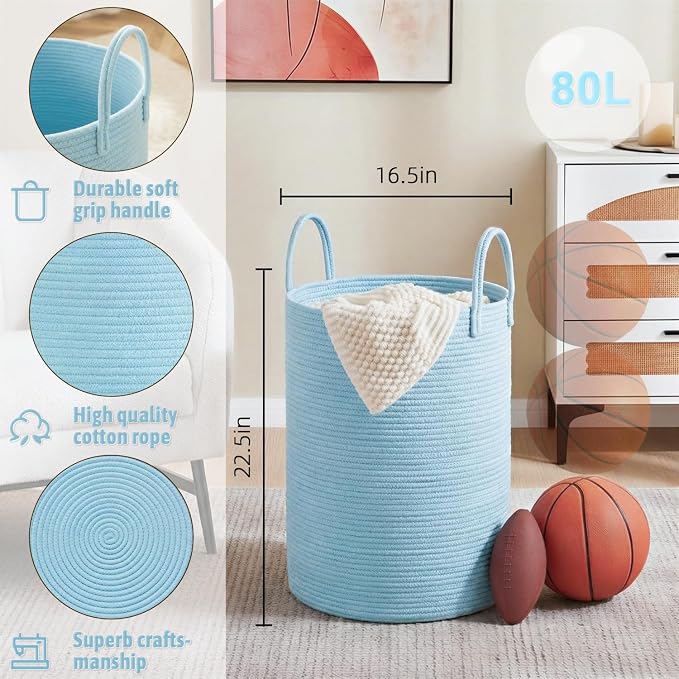 Laundry Basket,Woven Cotton Rope Laundry Hamper,80L for Decor Storage of Dirty Clothes,Toys and Blankets in Bathroom,Baby Room and Living Room