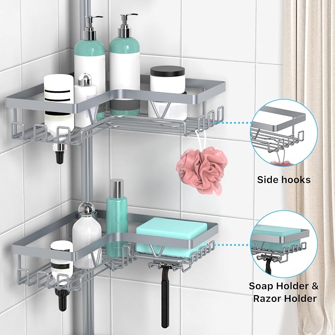 KEGII Shower Caddy Tension Pole, Bathtub Organizer, Light Gray | Adjustable 25-114.2 inch Pole with 28 Hooks, Rustproof Storage Solution for Renters and Modern Bathrooms