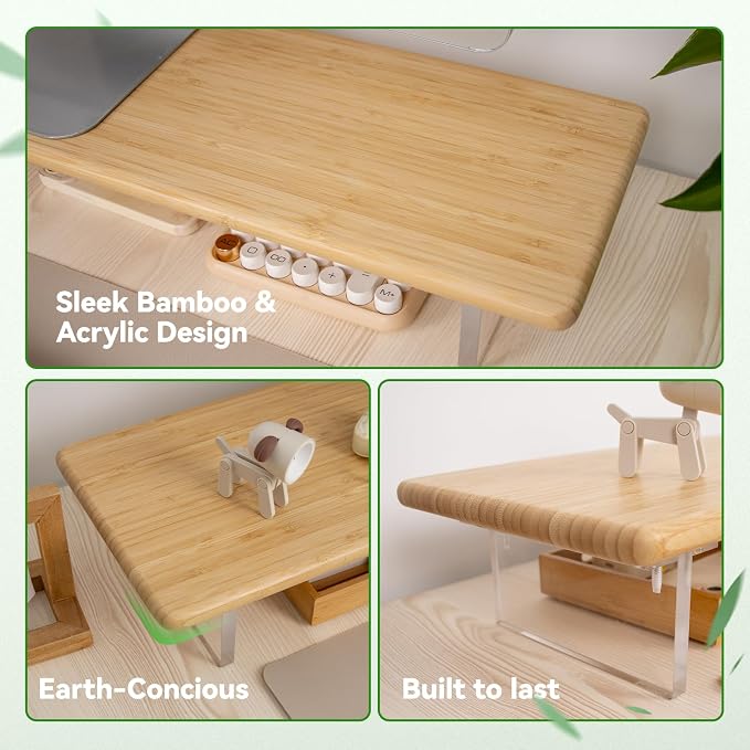 Bamboo Monitor Stand, Desk Shelf with Acrylic Legs and RGB Lights | 31.5-Inch Wide, 3.3-Inch Clearance, Fits Monitor, Laptop, Printer and Speakers for Small Desks