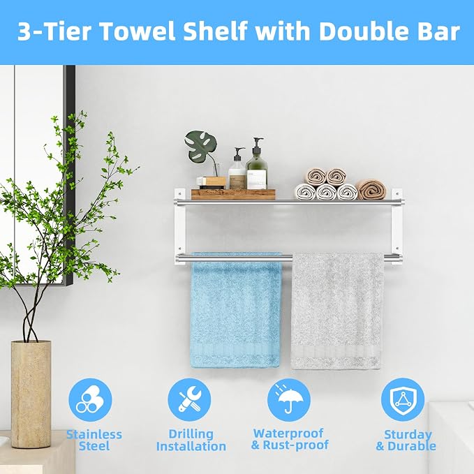 KLJKPA 24 Inch Towel Racks for Bathroom Wall-Mount, 2-Tier, Brushed Nickel | Towel Shelf with Double Towel Bar, Towel Holder, Towel Storage for Bathroom Lavatory, Stainless Steel, Space Saving