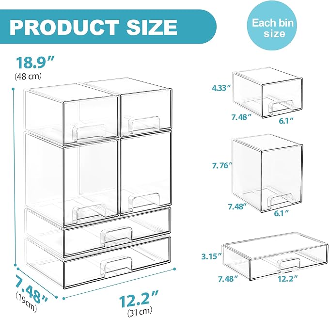Stackable Storage Drawers, 6 Pack Clear Acrylic Makeup & Bathroom Organizer, Versatile Storage Bins for Vanity, Under Sink, Kitchen Cabinets & Pantry