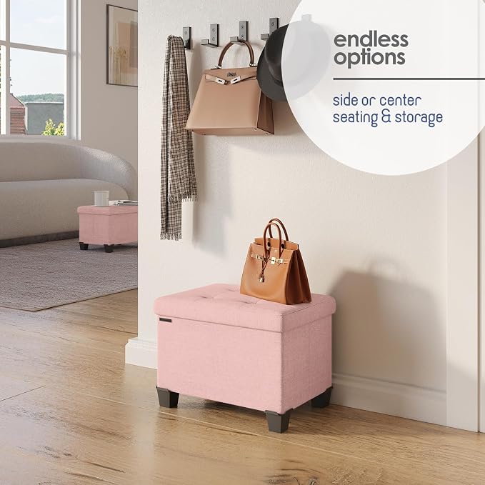 Storage Ottoman Cube with Small Bin, 16-in Square Ottoman with Storage for Living Room and Bedroom, Small Ottomans Foot Rest, Fabric Foot Stools Ottomans Max 330lbs, Pink