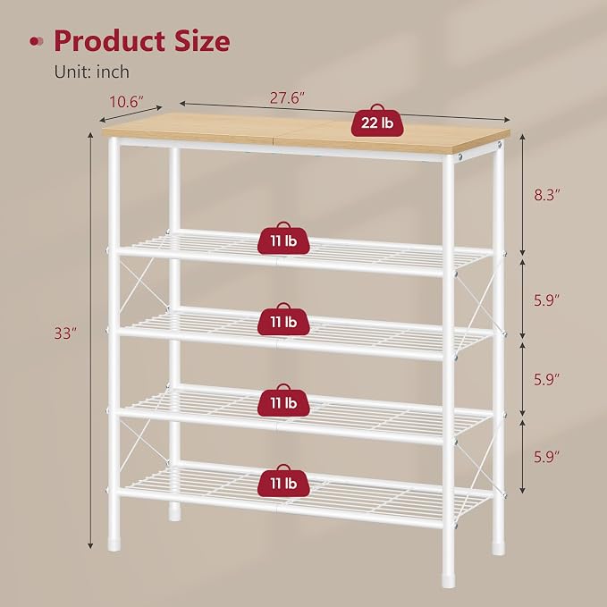 5 Tier Shoe Rack Organizer for 16-20 Pairs of Shoes, White & Log | Sturdy & Durable, X Shape Fixed Frame, Metal Mesh Shoe Shelf, Industrial, For Closet, For Entryway Shoe Storage