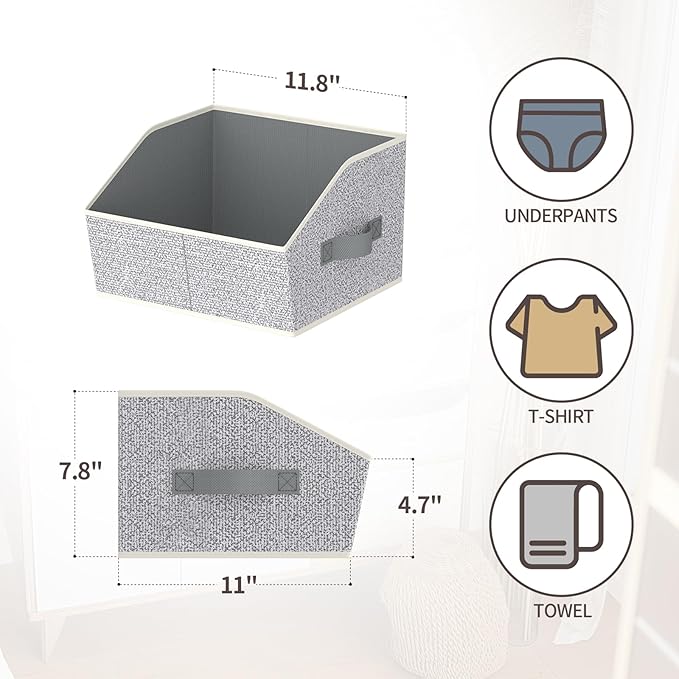 Homsorout Storage Bins for Shelves - Small Trapezoid Closet Shelf Organizer, Fabric Organization Bins with Handles, Storage Baskets for Clothes, Towel, Purse, 4 Pack, Light Gray
