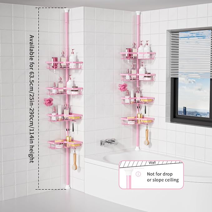 KEGII Corner Shower Caddy Tension Pole, Bathtub Shelf, Pink | 28 Hooks and 4-Tier Large Capacity Organizer, Waterproof, Stainless Steel Shower Rack Fits 25-114.2 inch Heights