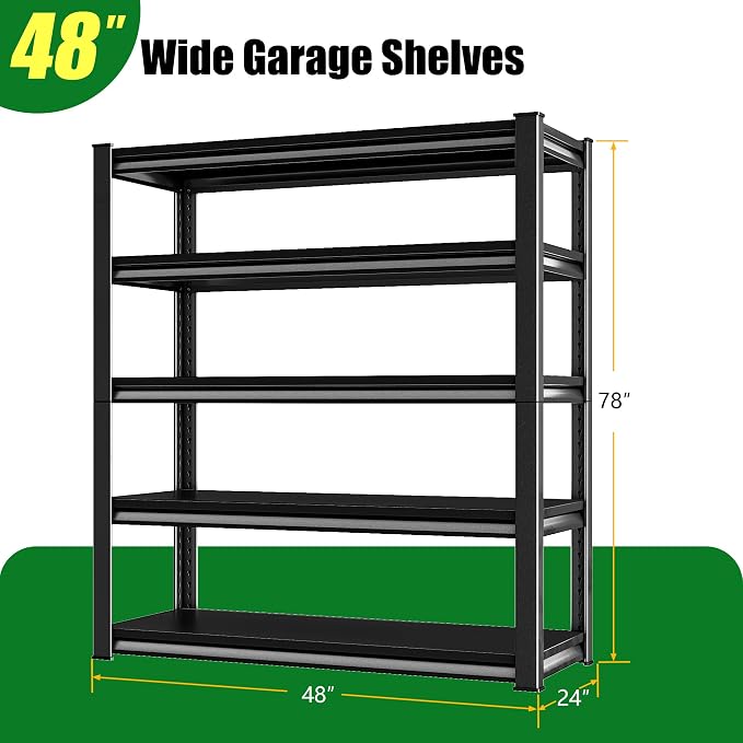5-Tier Garage Shelving Heavy Duty,48”W x 24”D x 78”H Metal Shelving Unit，2800 lbs Weight Capacity Adjustable Storage Shelves for Retiple Tanks, Pantry, Garage，Black (Black, 5-Ter,48”W x 24”D x 78”H)