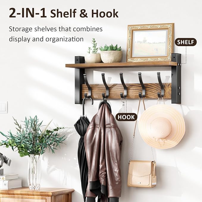 Optish Coat Rack Wall Mount with Shelf, 17.1 Inch Coat Hanger, Entryway Wall Key Holder, Hat Rack for Walls, Shelf with 5 Coat Hooks, Purse Hanger for Wall (Brown)