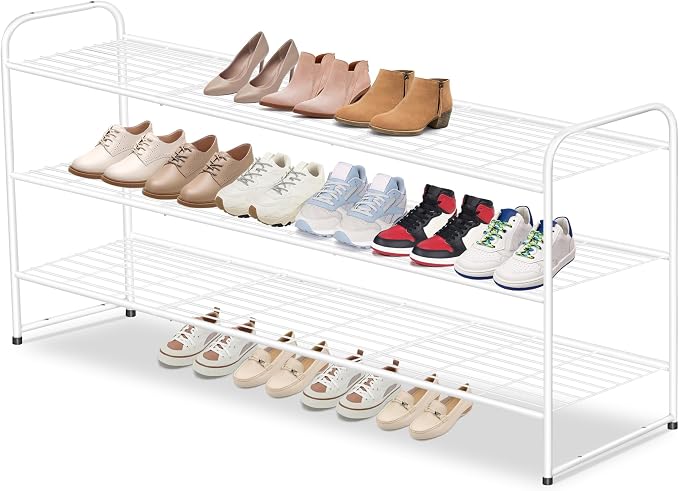 AOODA Long 3 Tier Metal Shoe Rack for Closet Wide Stackable Shoe Storage Organizer for Entryway, Bedroom, Floor, 24-Pairs Men Sneakers Boot Shelf with Wire Grid, White