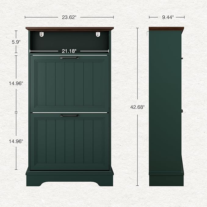 24" W Hidden Shoe Storage Cabinet with 2 Flip Drawers & Open Storage | Farmhouse Modern Shoes Rack Cabinet,Adjustable Shelves, Narrow Slim Shoes Organizer for Front Door Entrance, Entryway,Green