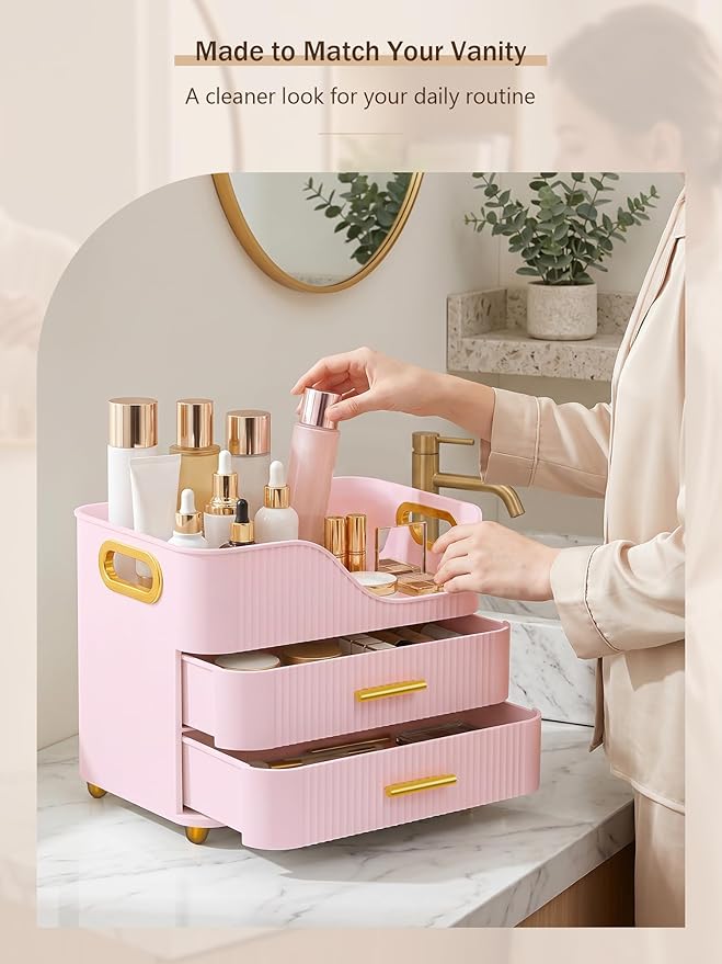 Booklov Large Makeup Organizer for Vanity, Bathroom Countertop, Pink | Plastic Cosmetic Display Case with Drawers, Beauty Brush Holder for Dresser Counter Skincare Eyeshadow Lipstick Storage
