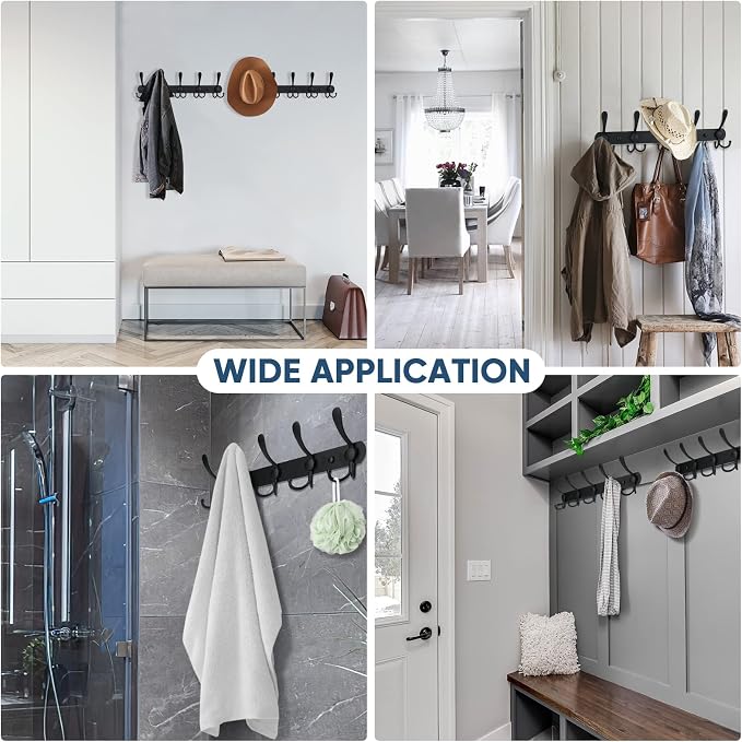 TICONN Wall Mounted Coat Rack, Five Heavy Duty Tri Hooks All Metal Construction for Jacket Coat Hat in Mudroom Entryway (Matte Black, 2-Pack)