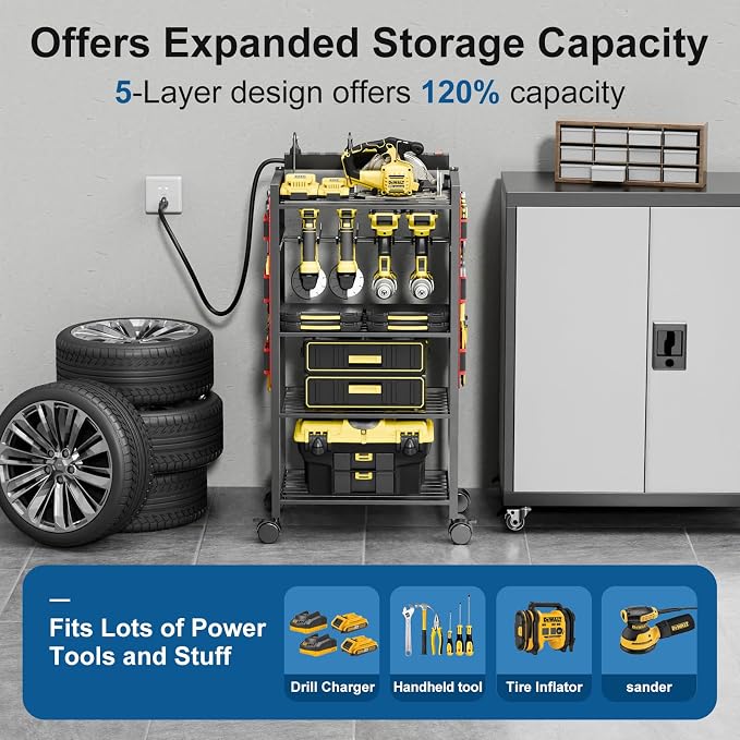 Power Tool Organizer Cart, Rolling Tool Storage Cart, Gift for Man, Red | CFMASTER 300 lbs Heavy Duty Utility Rack, 8AC charging station, Drill Holder & Power Tool organizer Cart on Wheels for Garage