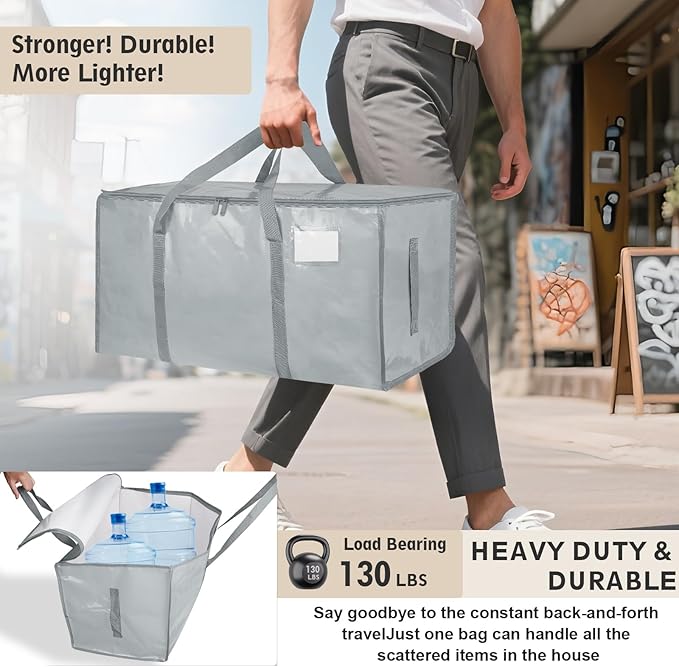 12 Pack-Extra Large Heavy Duty Moving Bags - Waterproof Storage Totes with Handles & Zippers, Foldable for College Dorm, Storage (light gray)