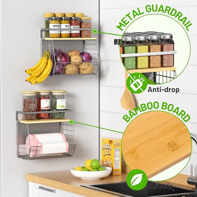 Magnetic Shelf for Fridge with Wood Lid, Fruit Potato and Onion Storage Bins, Pantry Organizers & Storage, Large Container Magnetic Spice Rack for Refrigerator, Kitchen Counter (Silver-gray, 1)