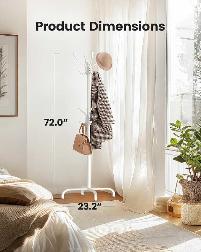 Pipishell Metal Coat Rack Freestanding with 14 Hooks, White | Durable metal frame, stable four-point base, 2 hook heights for adults and kids, smooth rods & hooks prevent clothing snags