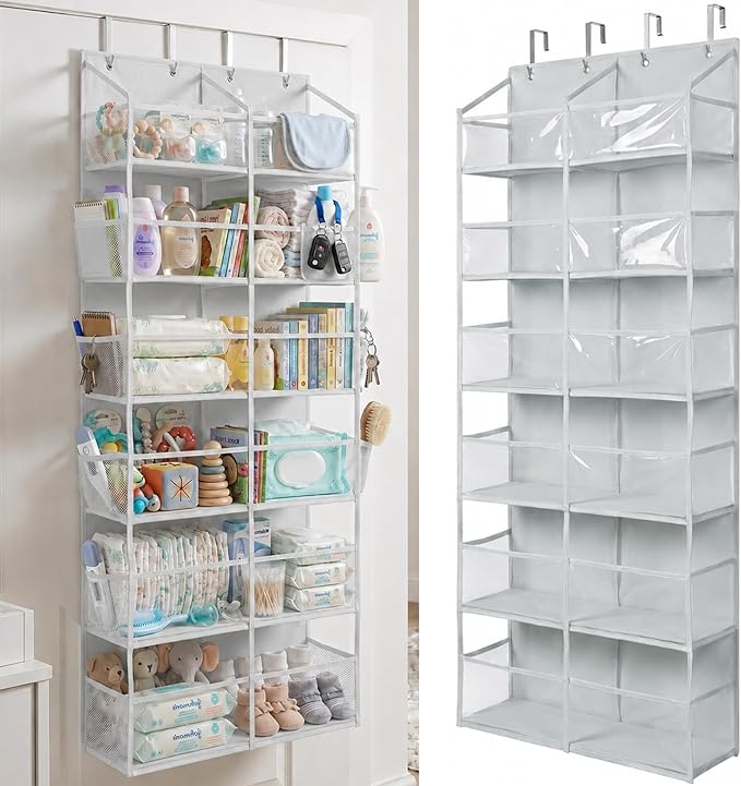 UPGRADED Over The Door Organizer, 6 Tiers Hanging Storage - Extra Thick 100D Fabric, 65lbs Huge Capacity, 12 Mesh Side Pockets, Over The Door Shoe Organizer & Hanging Closet Organizer (Transparent XL)