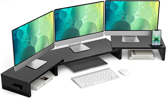 BONTEC Triple Monitor Stand Riser with Smartphone Holder, Black | Adjustable Length & Swivel Angle, Ergonomic Wooden Desktop Organizer for PC Monitor, Laptop, Printer, Large Storage, 53.3 in