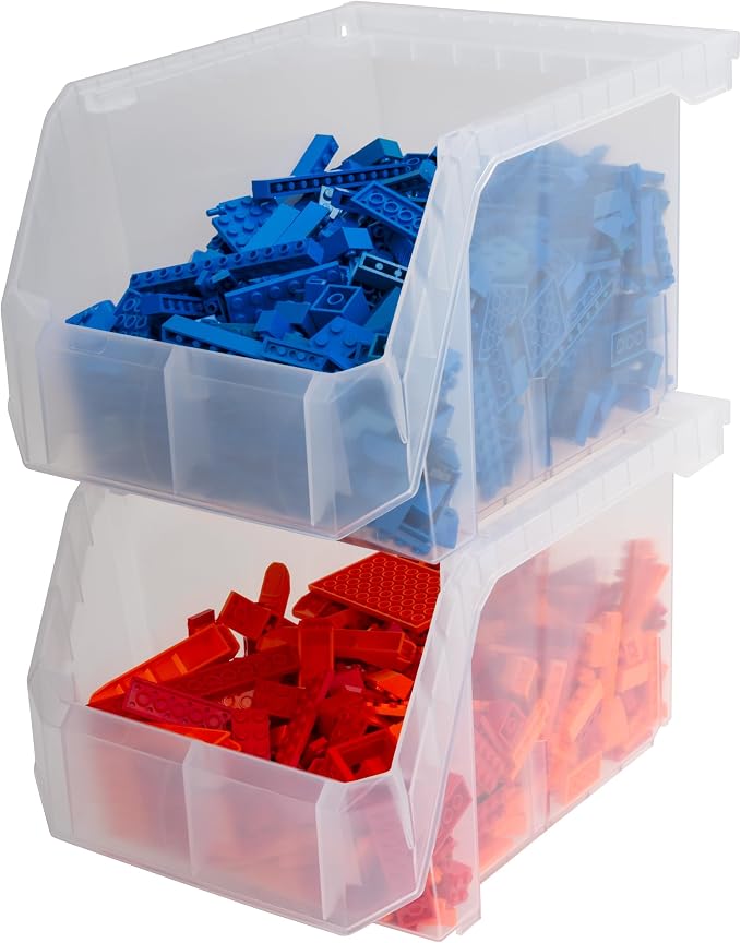 ReadySpace Medium-Tall Stackable Plastic Storage Bins, 4-Pack, Clear | Open-Front Stackable Bins For Garage, Pantry, Closet & Office, 7"L X 11"W X 8"H, Nests When Empty, Durable Plastic,