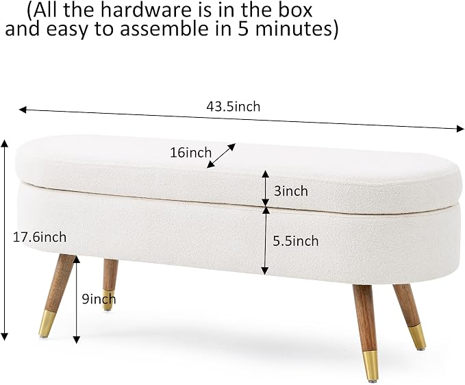IAFIKE Oval Storage Bench 43.5" Ottoman Bench Upholstered Boucle Fabric Footrest Bench with Golden Metal Legs End of Bed for Bedroom, Living Room, Entryway,Bed Side (Ivory)