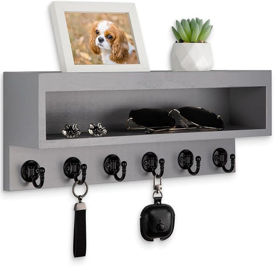 Key and Mail Holder Wall Mount, Key Hanger with Long Storage Box and 6 Hooks for Coat, Dog Leash, Home Decor Rack, House Accessories, Entry Way Organizer