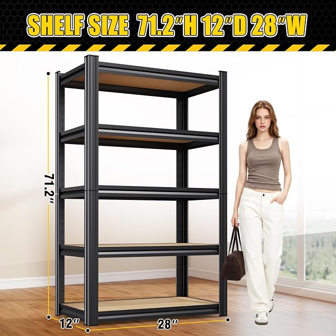 71.2" H Garage Shelving Heavy Duty Storage Shelves, Metal Adjustable Shelving Unit, Utility Garage Organizer Shelf for Basement, Pantry, Kitchen, Warehouse, 71.2" Hx28 Wx12 D, Black
