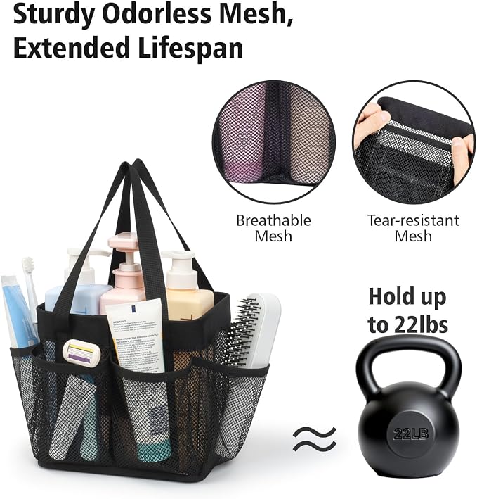 F-color Mesh Shower Caddy Portable - Stand Up 8 Pockets for Dorm, Black | Stand Up Frame, S Hook, Collapsible Organizer, Mesh Shower Bag Bathroom Tote for College Dorm, Camping, Gym, Travel