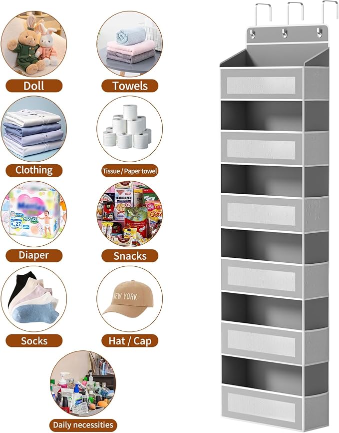 AQOOA 6-Tier Over The Door Organizer 44 lbs Capacity fit Standard Doors | Over the Door Storage 6 Large 12 Side Pockets Behind Door Storage, Closet Door Organizer Hanging Shelf, Grey