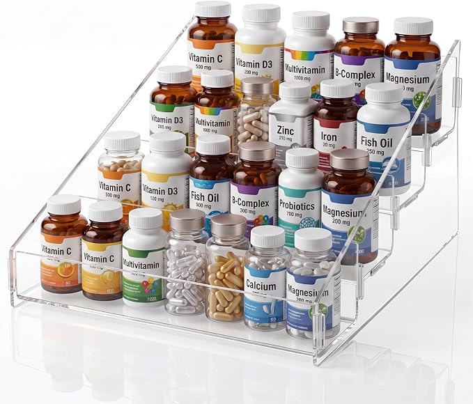 Novabright 4 Tier Acrylic Vitamin Organizer 14.2 x 11.6 x 7.9 Inches, Clear Pill Bottle Storage for Medicine Cabinet, Vitamin Storage Organizer for Kitchen Counter, Bathroom, Pantry