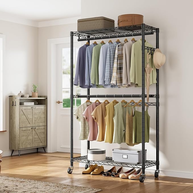 Golpart Heavy Duty Rolling Clothes Rack Wheels Portable Metal Garment Rack | Wardrobe Adjustable Wire Shelving Metal Double Clothing Racks for Hanging Clothes Organizer Closet Laundry Room Organization