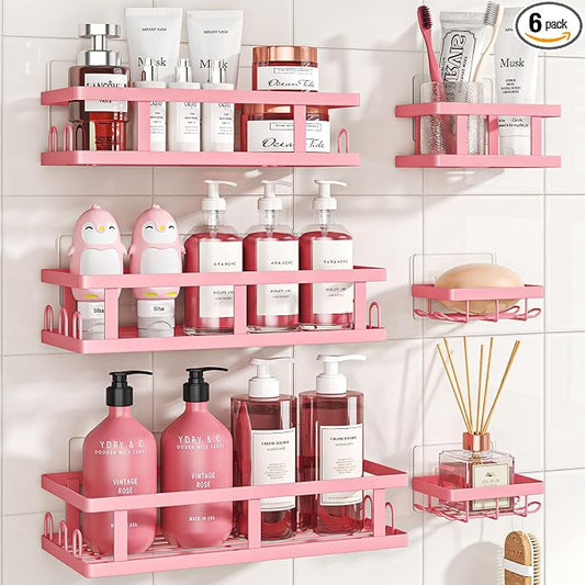 Youvip Pink Shower Caddy 6 Pack, Adhesive Shower Shelves | Pink Bathroom Decor, No Drilling, Rustproof, Large Capacity, 6 Adhesives, 24 Built-in Hooks, Dorm Apartment