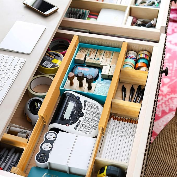 Bamboo Drawer Dividers Organizers, Drawer Separators Splitter,13-17 inches Long Adjustable Spring-loaded Organizer for Large Utensil, Clothes, Tools Drawers (4+3)