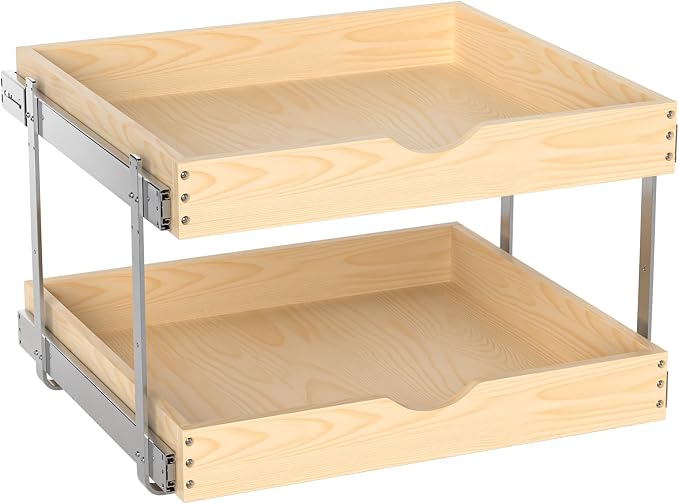 21" Deep 2-Tier Pull Out Cabinet Organizer - Wood Pull Out Drawers | Slide Out Shelves, Full-Extension, Ball-Bearing Slides, 3 Adjustable Heights (2-Tier, 23'W X 21''D Overall)