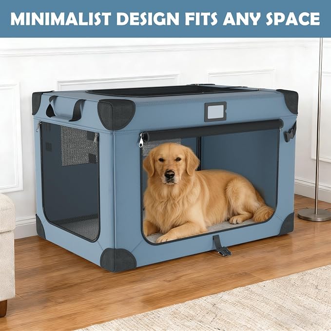 36 Inch Portable Travel Dog Crate Blue with Chew-Proof Mesh Window | Sturdy Frame,Soft Blanket and Foldable Bowl,Waterproof and Easy to Clean,for Camping,Signature card，Storage Bag，Mesh Windows