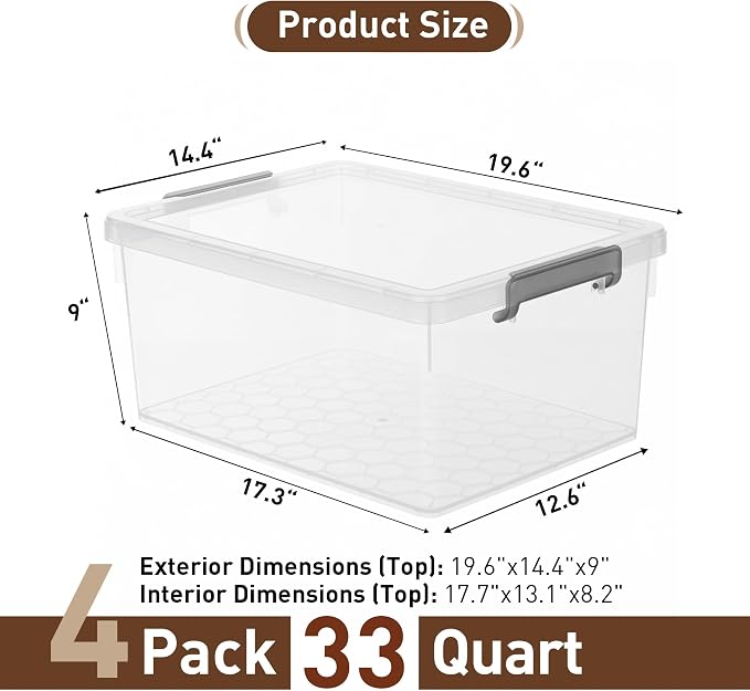 Citylife 33 Qt Ultra-Thick Plastic Clear Storage Bins with Lids, 4-Pack | Heavy-Duty Straight-Wall Plastic Bins with Honeycomb Base and Pinch-Free Latches for Closets, Garages, and Decor, BPA-Free