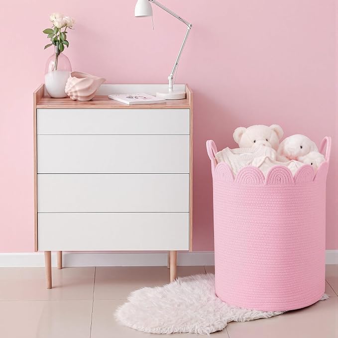 LemonRoad Pink Round Tall Basket Large Blanket Basket 15" x 20" Scalloped Woven Baskets Cotton Storage Baskets for Nursery Classroom Closet Blankets Storage Home Decor