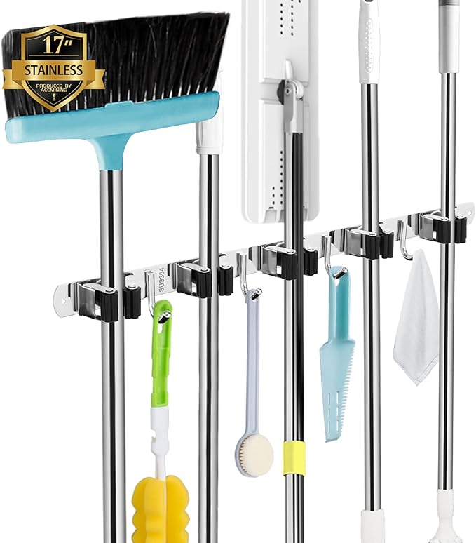 AceMining Broom Holder Wall Mount, 5 Racks 4 Hooks Heavy Duty Mop Organizer | Mop Holder Wall Mount and Broom Hanger for Garage, Laundry Room, Kitchen and Utility Storage