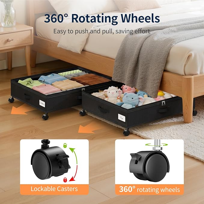 Yecaye 80L Large Under Bed Storage Containers with Wheels, 2 Pack, Black | 80L Capacity, Space-saving, 360° Rolling Wheels, Clear Window & Label, Sturdy Fabric, For Clothes, Shoes, Blankets
