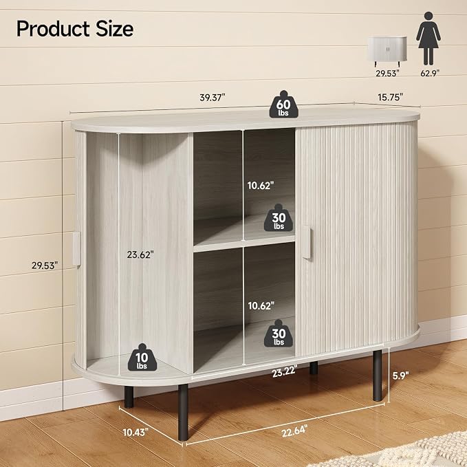 40" Sideboard Buffet Cabinet with Storage, Storage Cabinet with Sliding Door & Adjustable Shelf, Modern Accent Coffee Bar Console Table for Kitchen, Entryway, Natural White