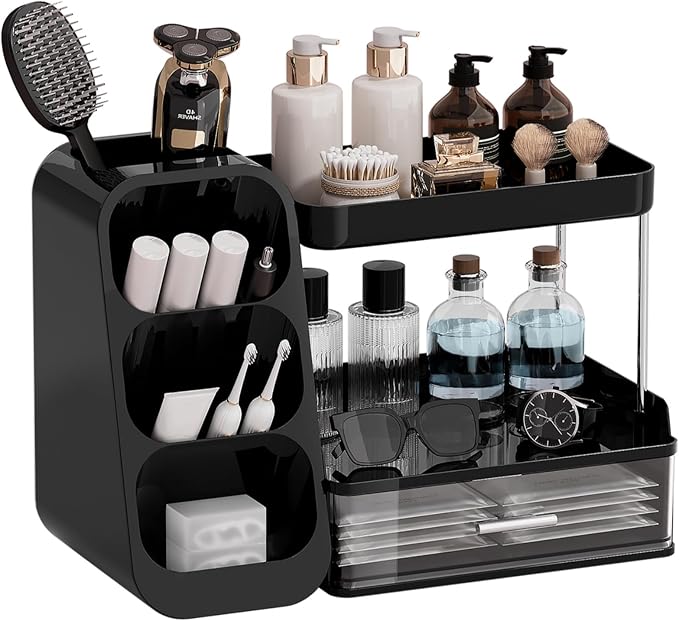 UFORU Makeup Organizer Countertop with Brush Holder for Vanity Bathroom | 3 Tiers Design, Large Capacity, Thickened Plastic, Detachable Brush Holder, Clear Drawer, Quick Access, Space-Saving