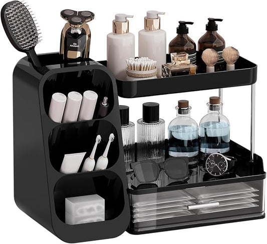 UFORU Makeup Organizer Countertop with Brush Holder for Vanity Bathroom | 3 Tiers Design, Large Capacity, Thickened Plastic, Detachable Brush Holder, Clear Drawer, Quick Access, Space-Saving