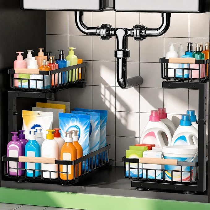 Under Sink Organizer 2 Pack, Double Slide Out Metal Shelf, Black | Pull Out Kitchen Storage Cabinet Organizer, 2-Tier Under Sink Storage Rack for Bathroom Laundry Kitchen Storage with Drawer