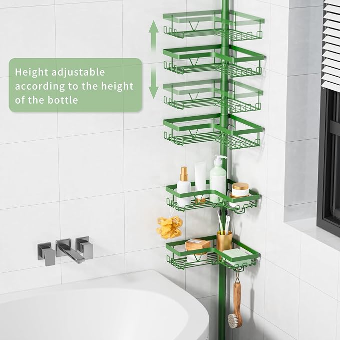 KEGII Shower Caddy Tension Pole, Bathroom Storage Shelf, Emerald Green | Space-Saving 4-Tier with 28 Hooks and Soap Holder, No Drill Setup for Renters, Adjustable Floor to Ceiling Shower Storage
