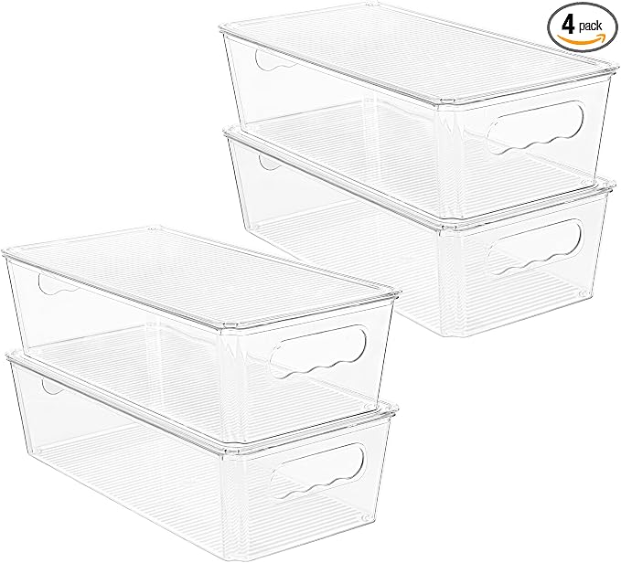 Vtopmart 4pcs Clear Stackable Storage Bins with Lids | BPA-free food-grade PET, Stackable with Lids Included, Easy to Move, For Fridge Freezer Pantry Cabinet Kitchen Organization