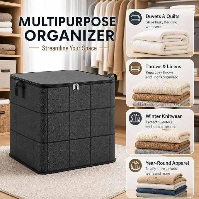 Upgrade Spacious Moving Storage Bin - Large Capacity Zippered Fabric Organizer for Bedding & Clothes, Foldable Blanket Bag with Reinforced Handles for Quilts, Comforters & Moving Day，1Pcs：XL