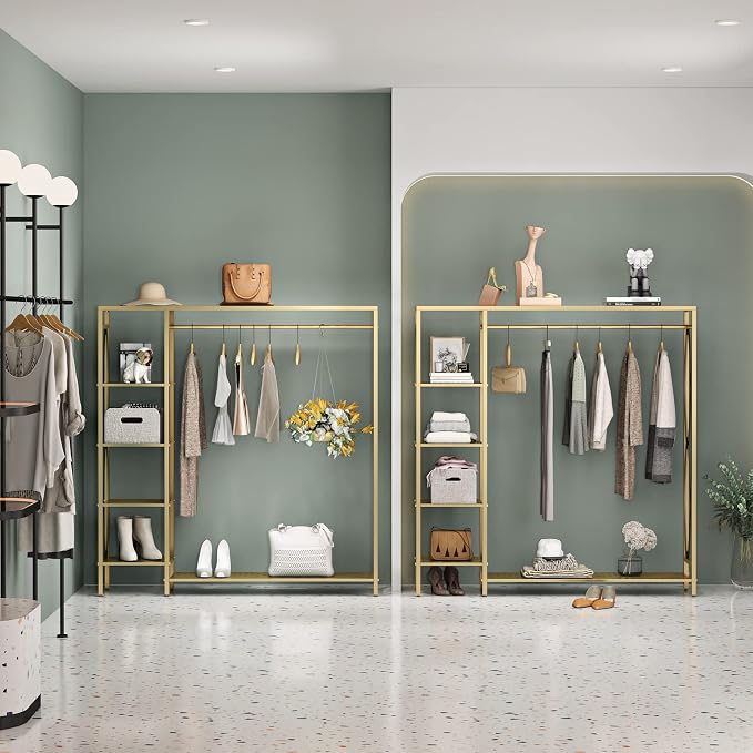 TIEOU Modern Gold Clothes Racks Free-Standing, Gold Clothing Rack with Shelves for Boutiques, Heavy Duty Garment Rack for Hanging Clothes, Large Wardrobe Closet(59''L)