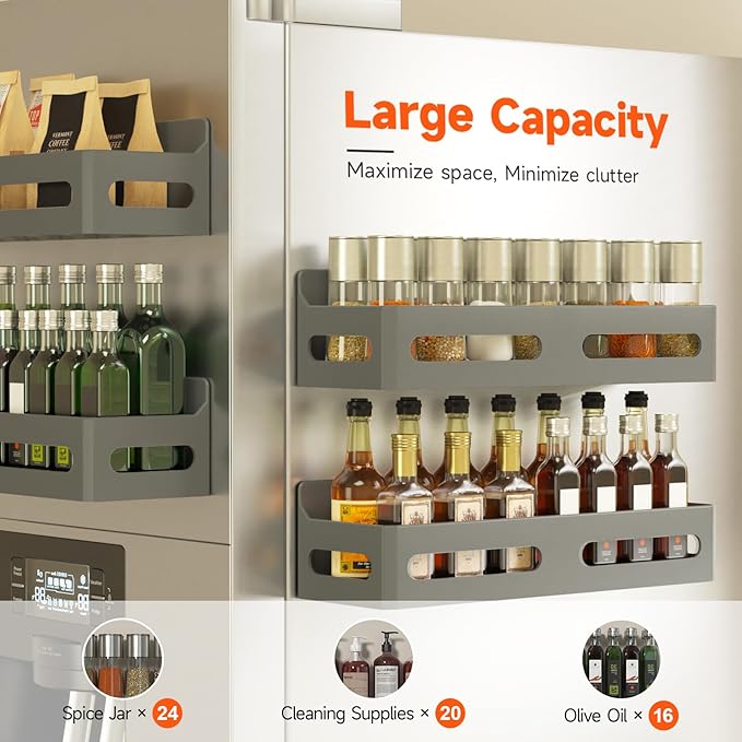 Sevenblue 4-Pack Magnetic Spice Rack for Refrigerator with Hooks, Grey | Strong multipurpose magnetic shelf for kitchen & bathroom organization. Includes 4 removable hooks for hanging items.