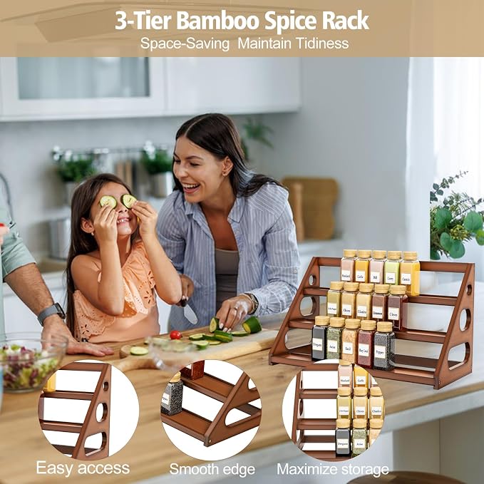 Spice Rack - Bamboo Wood Spice Rack Organization for Cabinet/Countertop - Brown